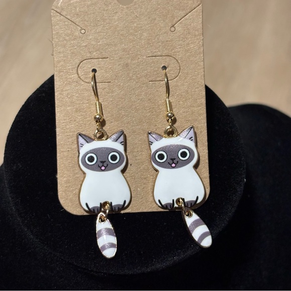 Happy Siamese Cat with Dangle Tail, Hook Earrings - Super Cute Kitty Cat Earring - Picture 7 of 10